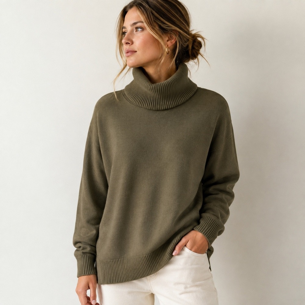 LOFT Turtleneck Sweater Womens Size SP Petite Olive Green Cozy Relaxed Fit‎